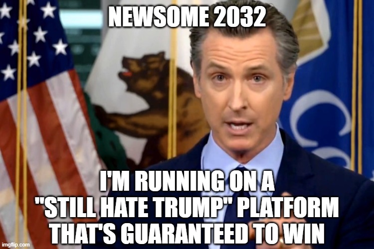 Gavin Newsom | newsome 2032; I'm running on a "Still hate trump" platform that's guaranteed to win | image tagged in gavin newsom | made w/ Imgflip meme maker