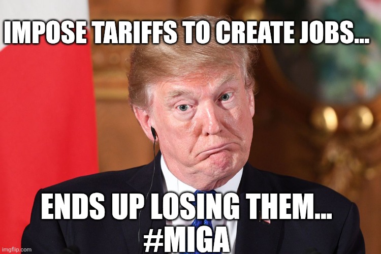 Dumbnald economy | Impose tariffs to create jobs... Ends up losing them...
#miga | image tagged in donald trump,trump,unemployment,maga,tariffs,nevertrump | made w/ Imgflip meme maker