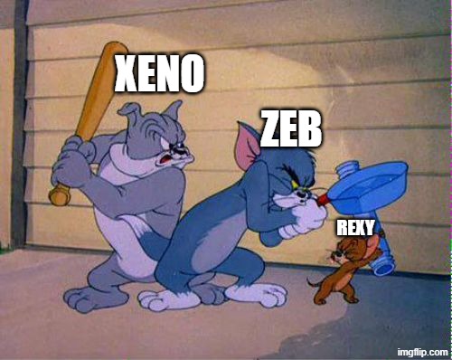 the final fight be like in jurassic world dominion {ZEB MEANS GIGANATOSAURUS AND THAT XENO MEANS THE THERIZINOSAURUS} | XENO; ZEB; REXY | image tagged in tom and jerry 3 way brawl,jurassic world,dominion,is my favourite | made w/ Imgflip meme maker