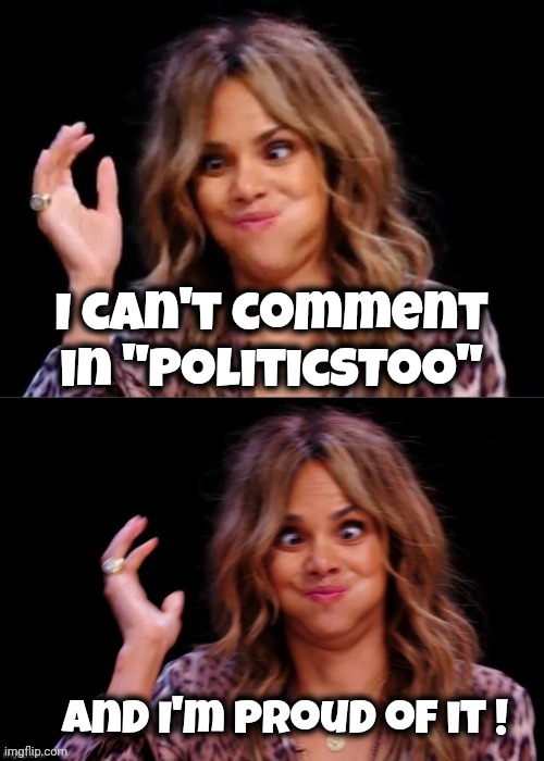 Lovely Halle Berry | I can't comment in "PoliticsToo" and I'm proud of it ! | image tagged in lovely halle berry | made w/ Imgflip meme maker