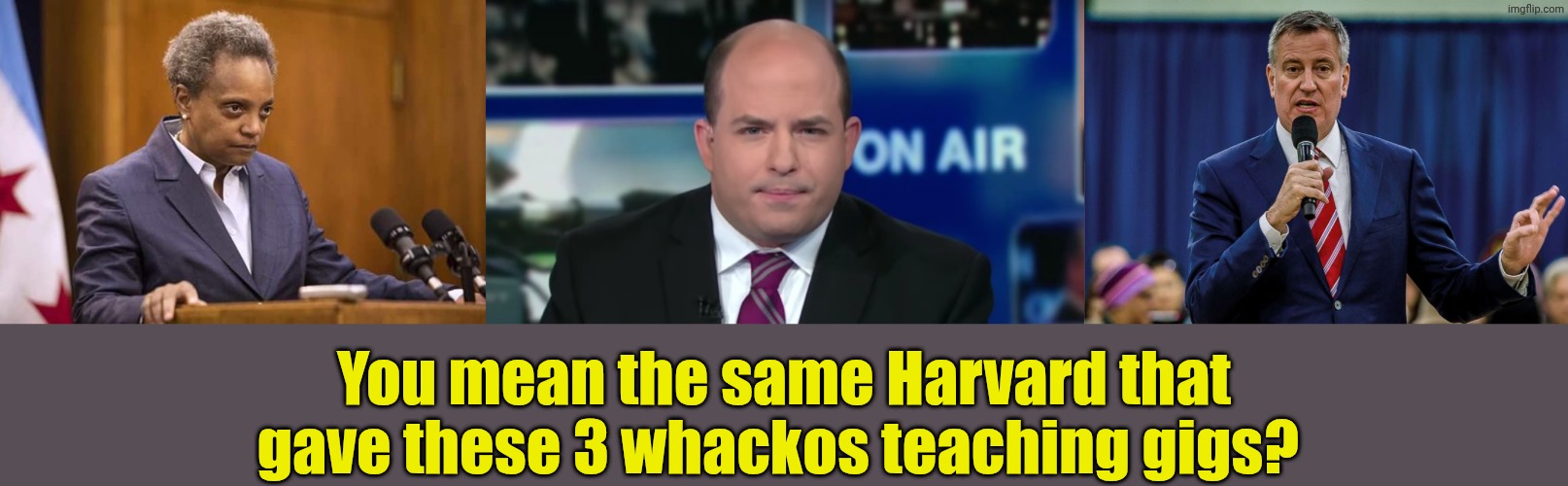 You mean the same Harvard that gave these 3 whackos teaching gigs? | image tagged in mayor chicago,brian stelter,bill diblasio | made w/ Imgflip meme maker