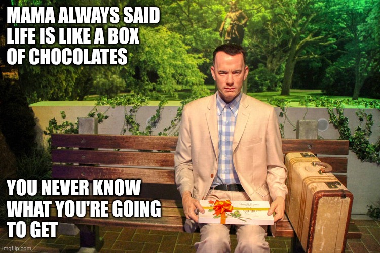 Forrest Gump | Mama always said
Life is like a box
Of chocolates; You never know 
What you're going
To get | made w/ Imgflip meme maker
