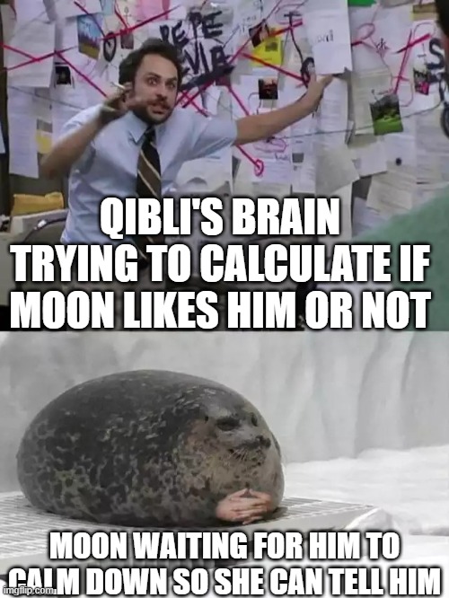 so true | qibli's brain trying to calculate if moon likes him or not; moon waiting for him to calm down so she can tell him | image tagged in man explaining to seal | made w/ Imgflip meme maker