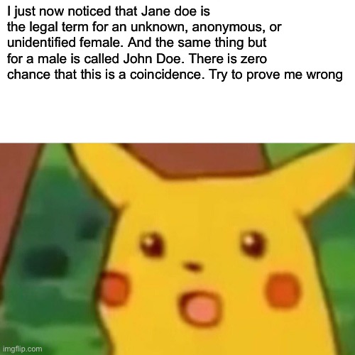That is not just me guys. | I just now noticed that Jane doe is the legal term for an unknown, anonymous, or unidentified female. And the same thing but for a male is called John Doe. There is zero chance that this is a coincidence. Try to prove me wrong | image tagged in guys i have a theory,a game theory | made w/ Imgflip meme maker
