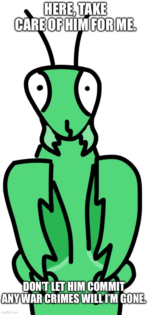 Could you look after him for a bit? | Here, take care of him for me. Don’t let him commit any war crimes will I’m gone. | image tagged in silly | made w/ Imgflip meme maker