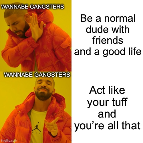 You ever seen them wannabe gangsters at school | Be a normal dude with friends and a good life; Wannabe gangsters; Wannabe gangsters; Act like your tuff and you’re all that | image tagged in memes,drake hotline bling,school | made w/ Imgflip meme maker