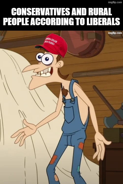 Bubba Doofenshmirtz. Its easy to think rural residents are hillbillies if you never been there | conservatives and rural people according to liberals | image tagged in liberals,phineas and ferb,maga,make america great again,cartoon,redneck | made w/ Imgflip meme maker