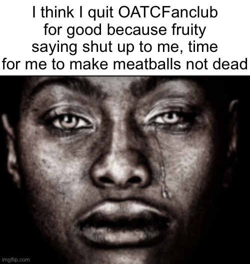 I think I’m quit being a moderator of this stream | I think I quit OATCFanclub for good because fruity saying shut up to me, time for me to make meatballs not dead | image tagged in crying black guy,uhh | made w/ Imgflip meme maker