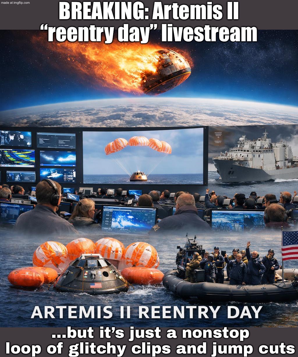 NASA: ARTEMIS II REENTRY DAY — LIVE FOOTAGE; Me: THAT'S CLEARLY A MICROWAVE BURRITO IN SLOW-MO | BREAKING: Artemis II “reentry day” livestream; …but it’s just a nonstop loop of glitchy clips and jump cuts | image tagged in artemis ii reentry day,nasa hoax,nasa lies,nasa,space,moon landing | made w/ Imgflip meme maker