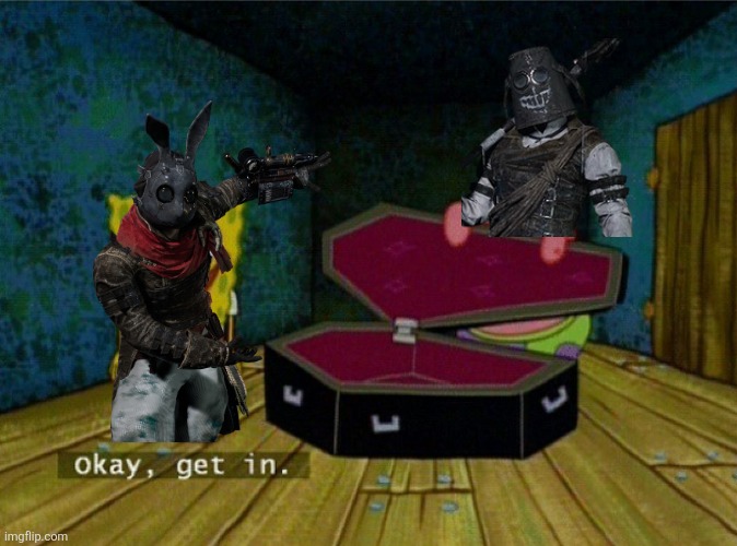 Lies of P Black Rabbit Brotherhood Boss | image tagged in spongebob coffin,lies of p,black rabbit britherhood,video games,pinocchio | made w/ Imgflip meme maker