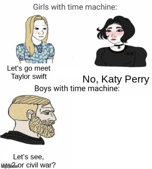 Time machine | Let's go meet Taylor swift; No, Katy Perry; Let's see, ww2 or civil war? | image tagged in time machine | made w/ Imgflip meme maker