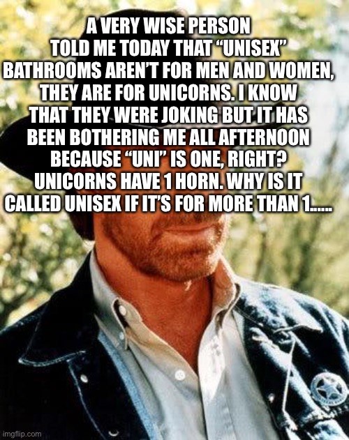 Shower thought level of BS | A very wise person told me today that “unisex” bathrooms aren’t for men and women, they are for unicorns. I know that they were joking but it has been bothering me all afternoon because “uni” is one, right? Unicorns have 1 horn. Why is it called unisex if it’s for more than 1...... | image tagged in memes,chuck norris | made w/ Imgflip meme maker
