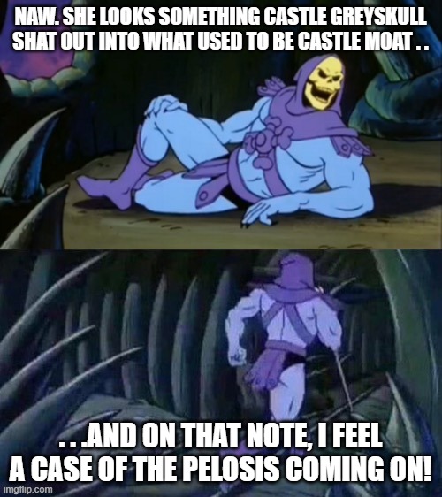 Skeletor disturbing facts | Naw. She looks something castle greyskull shat out into what used to be castle moat . . . . .and on that note, I feel a case of the pelosis  | image tagged in skeletor disturbing facts | made w/ Imgflip meme maker