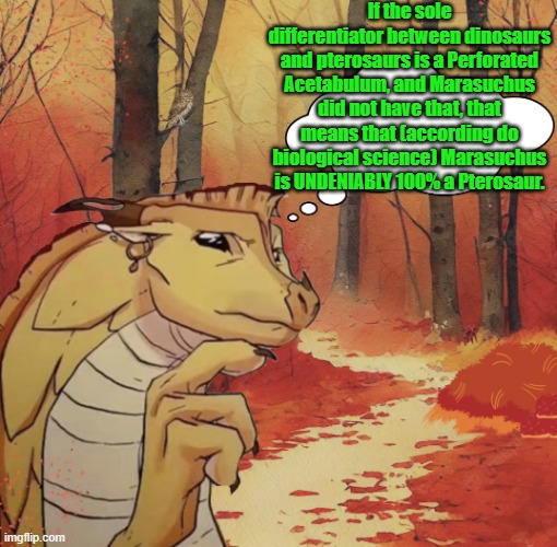 Rodent Crocodile | If the sole differentiator between dinosaurs and pterosaurs is a Perforated Acetabulum, and Marasuchus did not have that, that means that (according do biological science) Marasuchus is UNDENIABLY 100% a Pterosaur. | image tagged in thinking qibli,dinosaurs,evolution,creationism,documentary,crocodile | made w/ Imgflip meme maker