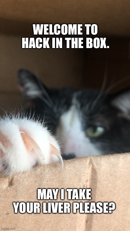 Clawsome | Welcome to Hack in the box. May I take your liver please? | image tagged in cat memes,funny,cats | made w/ Imgflip meme maker