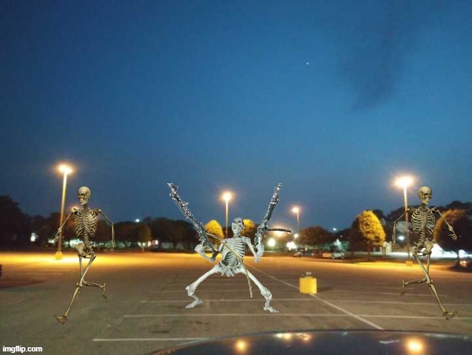 Send in the skeletons! | image tagged in skeletons,badass skeleton,bones,parking lot | made w/ Imgflip meme maker