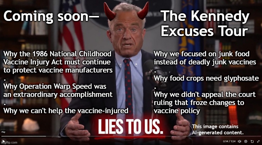 Kennedy talk show topics: children and vaccines; food and glyphosate? | Coming soon—              The Kennedy
                                    Excuses Tour; Why the 1986 National Childhood
Vaccine Injury Act must continue
to protect vaccine manufacturers
.
Why Operation Warp Speed was
an extraordinary accomplishment
.
Why we can't help the vaccine-injured; Why we focused on junk food
instead of deadly junk vaccines
.
Why food crops need glyphosate
.
Why we didn't appeal the court
ruling that froze changes to
vaccine policy; This image contains
AI-generated content. | image tagged in kennedy,trump,maga,big pharma,vaccines,poison | made w/ Imgflip meme maker