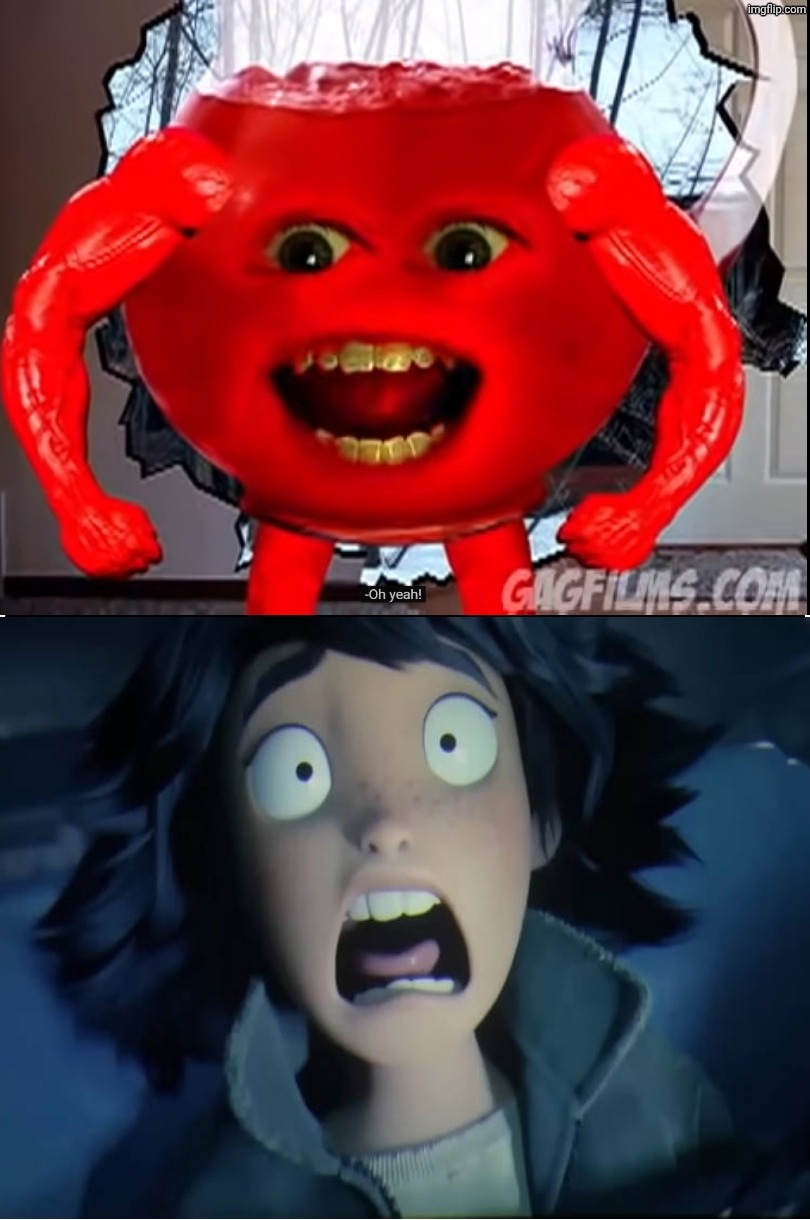 Kool Aid Killer scares Mabel Tanaka | image tagged in kool aid killer scares who meme template,deviantart,disney,pixar,deviantart week | made w/ Imgflip meme maker