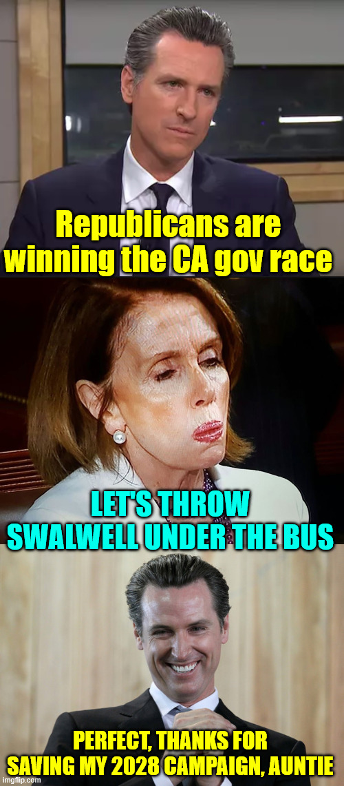 Republicans are winning the CA gov race Let's throw Swalwell under the bus Perfect, thanks for saving my 2028 campaign, Auntie | image tagged in governor california,nancy pelosi pb sandwich,scheming gavin newsom | made w/ Imgflip meme maker