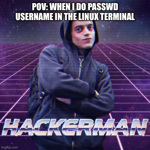 hakxs | pov: when i do passwd username in the linux terminal | image tagged in hackerman | made w/ Imgflip meme maker