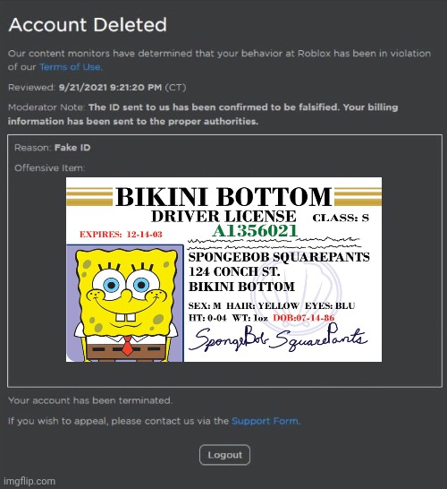 Banned from roblox (fake ID) | image tagged in banned from roblox fake id | made w/ Imgflip meme maker