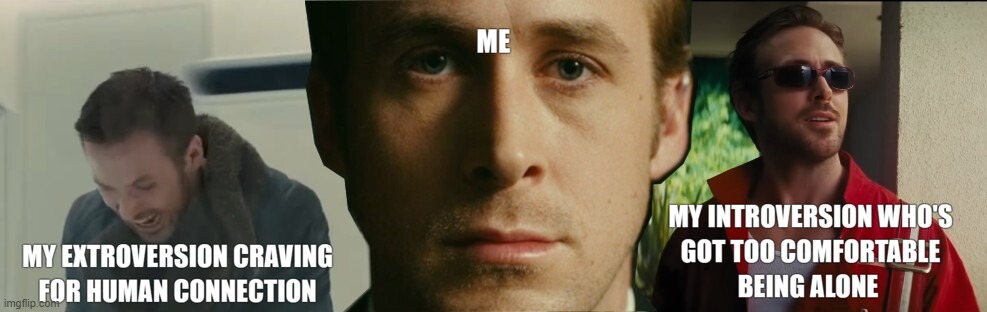 lonely ambivert | image tagged in depression,sad,ryan gosling,introvert,extrovert,loneliness | made w/ Imgflip meme maker