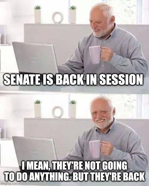 Hide the Pain Harold | Senate is back in session; I mean, they're not going to do anything. But they're baCk | image tagged in memes,hide the pain harold | made w/ Imgflip meme maker
