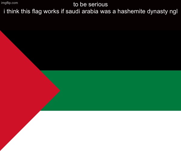to be serious


i think this flag works if saudi arabia was a hashemite dynasty ngl | made w/ Imgflip meme maker