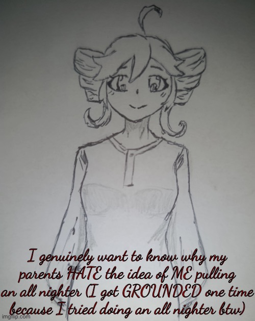 Omani Teto | I genuinely want to know why my parents HATE the idea of ME pulling an all nighter (I got GROUNDED one time because I tried doing an all nighter btw) | image tagged in omani teto | made w/ Imgflip meme maker