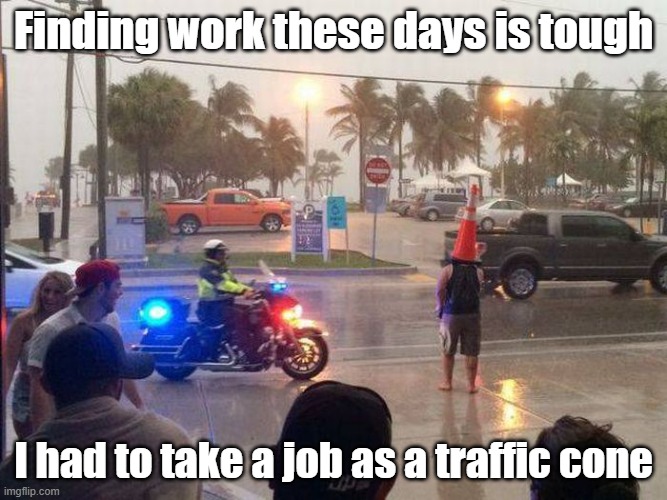 New Job | Finding work these days is tough; I had to take a job as a traffic cone | image tagged in new job,work,economy,traffic cone | made w/ Imgflip meme maker
