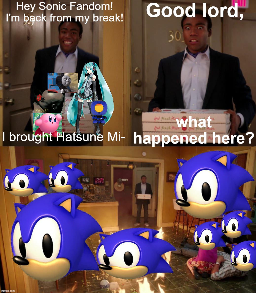 i do not know what is happening in the fandom rn i was MIA for a long long time | Hey Sonic Fandom! I'm back from my break! Good lord, what happened here? I brought Hatsune Mi- | image tagged in walking in on chaos,sonic the hedgehog,fire | made w/ Imgflip meme maker