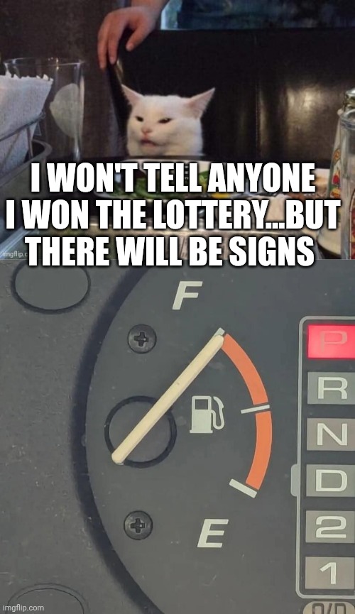 I won't tell anyone I won the lottery...but there will be signs | image tagged in smudge that darn cat | made w/ Imgflip meme maker