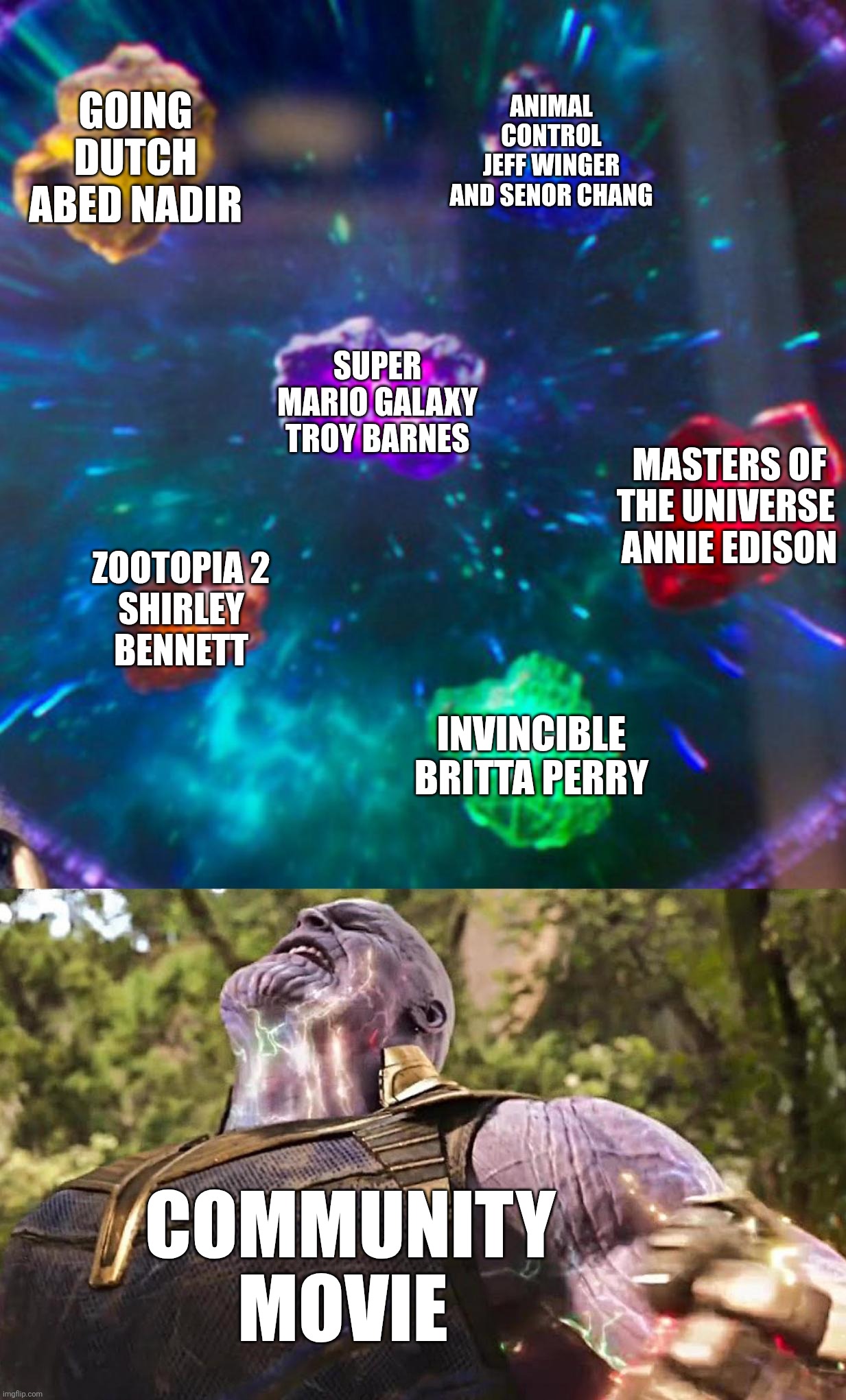 Community movie meme | Going Dutch
Abed Nadir; Animal Control
Jeff Winger and Senor Chang; Super Mario Galaxy
Troy Barnes; Masters of the Universe 
Annie Edison; Zootopia 2
Shirley Bennett; Invincible
Britta Perry; Community movie | image tagged in thanos infinity stones | made w/ Imgflip meme maker