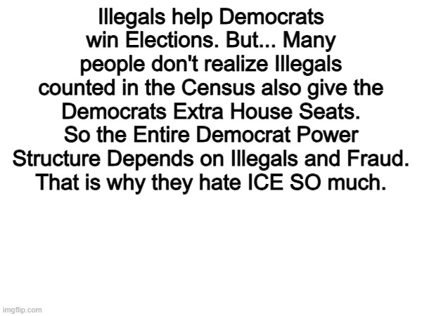 It makes sense now. | Illegals help Democrats win Elections. But... Many people don't realize Illegals counted in the Census also give the Democrats Extra House Seats. So the Entire Democrat Power Structure Depends on Illegals and Fraud.
That is why they hate ICE SO much. | image tagged in memes,funny,ice,politics,political meme | made w/ Imgflip meme maker