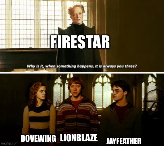 :) | Firestar; jayfeather; Dovewing; lionblaze | image tagged in always you three | made w/ Imgflip meme maker