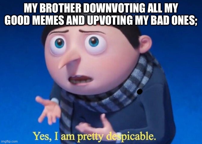 Siblings | My brother downvoting all my good memes and upvoting my bad ones; | image tagged in yes i am pretty despicable,siblings | made w/ Imgflip meme maker