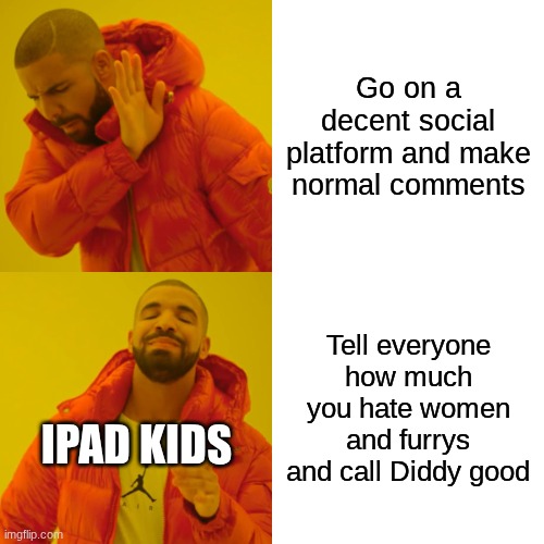 Drake Hotline Bling Meme | Go on a decent social platform and make normal comments; Tell everyone how much you hate women and furrys and call Diddy good; IPad kids | image tagged in memes,drake hotline bling | made w/ Imgflip meme maker