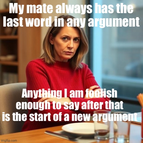 Argument with the Wife | My mate always has the last word in any argument; Anything I am foolish enough to say after that is the start of a new argument | image tagged in argument,last words | made w/ Imgflip meme maker