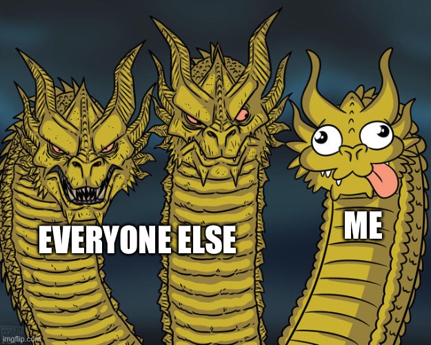 Three-headed Dragon | Me; Everyone else | image tagged in three-headed dragon | made w/ Imgflip meme maker