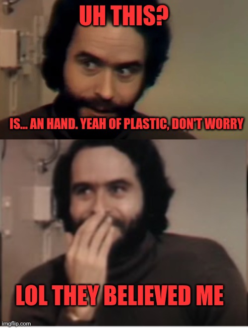 Uh this? Is... An hand. Yeah of plastic, don't worry; Lol they believed me | image tagged in ted bundy glare,ted bundy | made w/ Imgflip meme maker