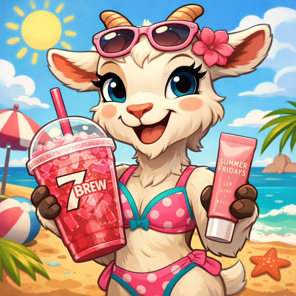 goat with a pink 7 brew drink and summer fridays lip balm in a b Blank Meme Template