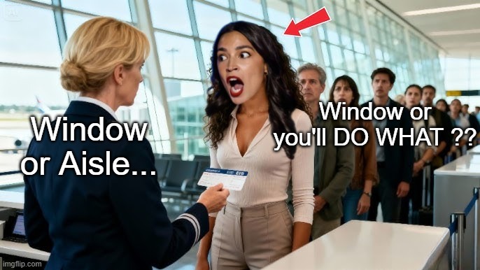 Dems #2 POTUS hopeful always seems like she needs Midol | Window or you'll DO WHAT ?? Window or Aisle... | image tagged in aoc mad stewardess meme | made w/ Imgflip meme maker
