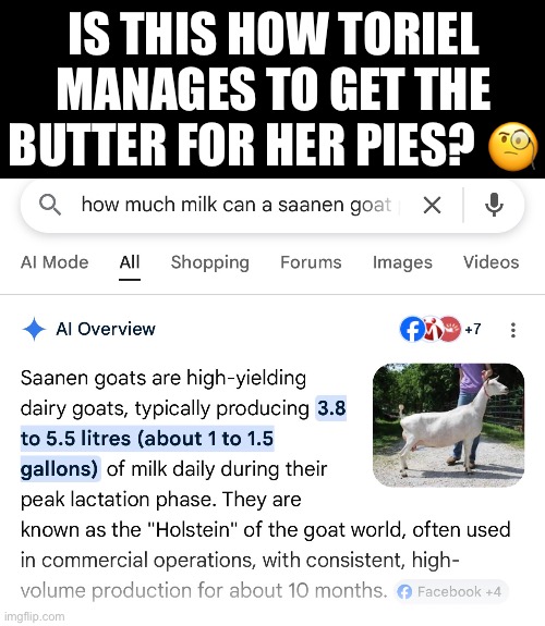 Just thought of this now | Is this how toriel manages to get the butter for her pies? 🧐 | image tagged in undertale,toriel,goat,fact,milk,gaming | made w/ Imgflip meme maker