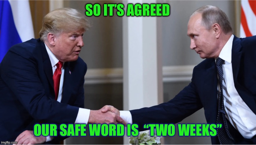 Putin trump | So it’s agreed; Our safe word is  “two weeks” | image tagged in putin trump | made w/ Imgflip meme maker