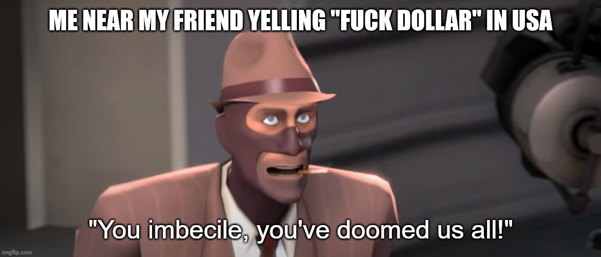 You imbecile you've doomed us all! | Me near my friend yelling "fuck dollar" in usa | image tagged in you imbecile you've doomed us all | made w/ Imgflip meme maker