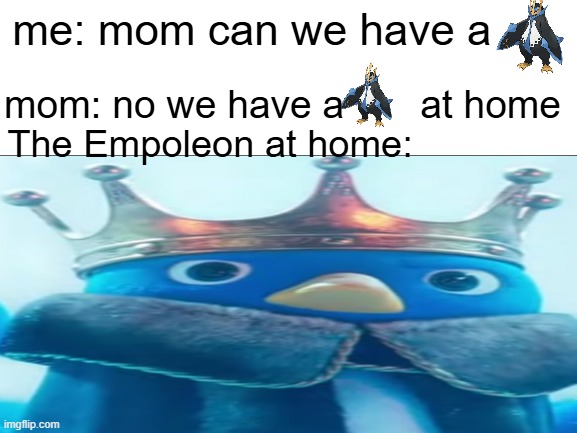 Do you yield? | me: mom can we have a; mom: no we have a       at home; The Empoleon at home: | image tagged in blank white template,pokemon,mario,mario movie | made w/ Imgflip meme maker