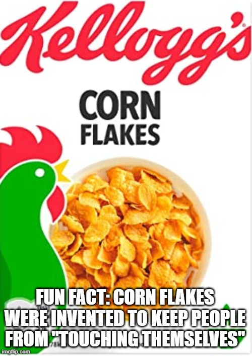 Anti Libido Food | fun fact: corn flakes were invented to keep people from "touching themselves" | image tagged in kelloggs corn flakes | made w/ Imgflip meme maker