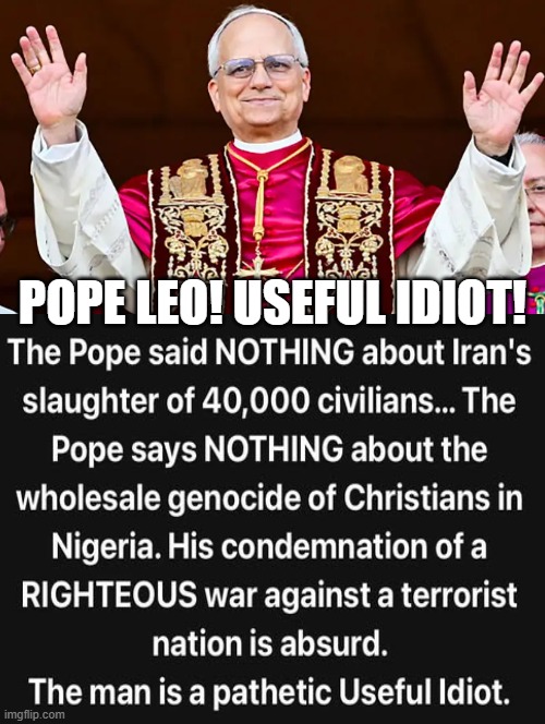 Pope Leo!! Useful Idiot! | Pope Leo! Useful Idiot! | image tagged in useful,idiots,morons,sam elliott special kind of stupid | made w/ Imgflip meme maker