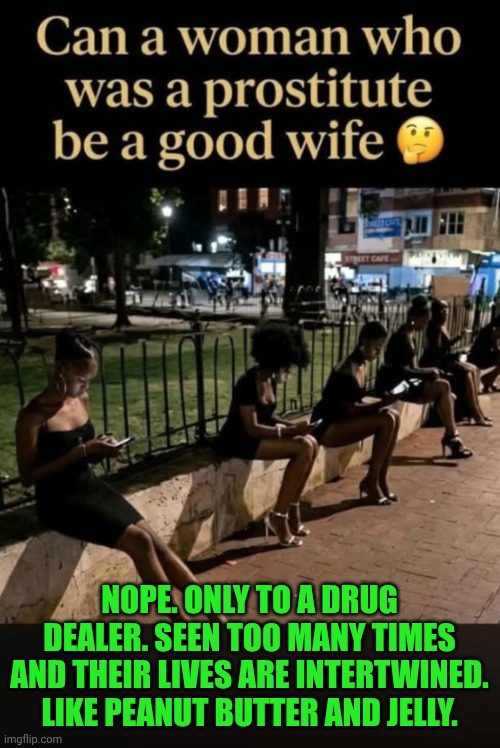 Funny | Nope. Only to a drug dealer. Seen too many times and their lives are intertwined. Like peanut butter and jelly. | image tagged in funny,pimp,pimpin,hoes,drugs,wife | made w/ Imgflip meme maker