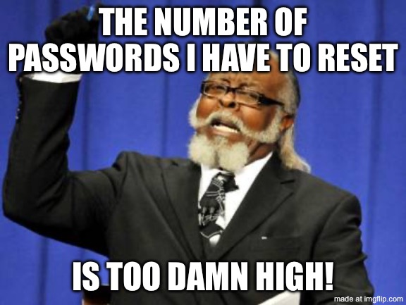 THE NUMBER OF PASSWORDS I HAVE TO RESET; IS TOO DAMN HIGH! | THE NUMBER OF PASSWORDS I HAVE TO RESET; IS TOO DAMN HIGH! | image tagged in memes,too damn high,remix,reset,password,password strength | made w/ Imgflip meme maker